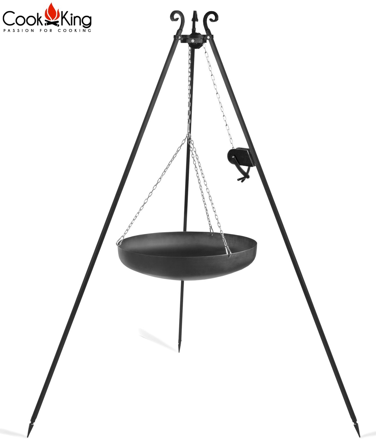 Dreibein mit Kurbel H 180 cm mit Wok Ø 60 cm aus Stahl Dreibeingestell Wok Grill Tripod Grillständer