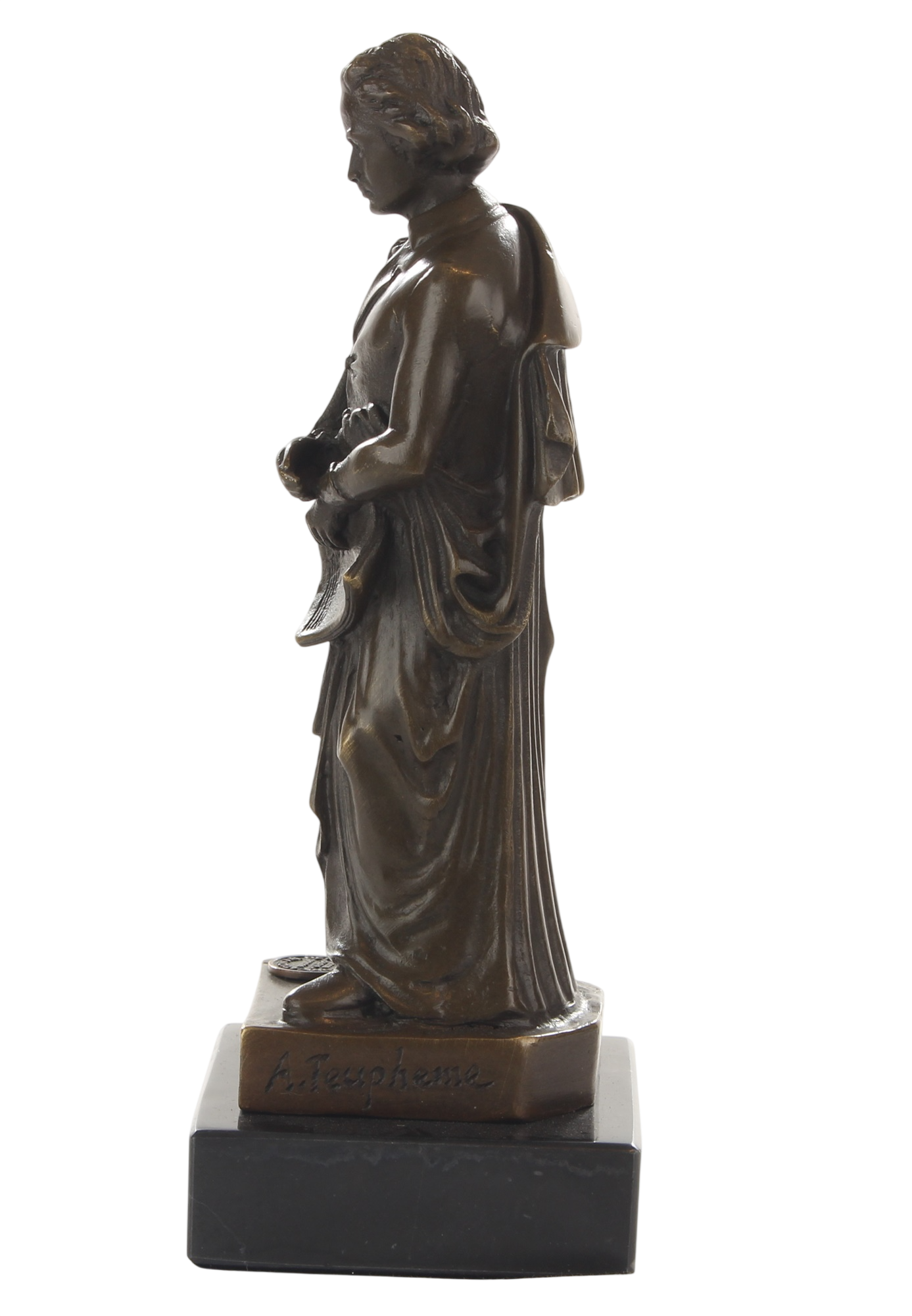 Bronzeskulptur Ludwig van Beethoven, stehende Musikerfigur auf Marmorsockel, Höhe 17,1 cm
