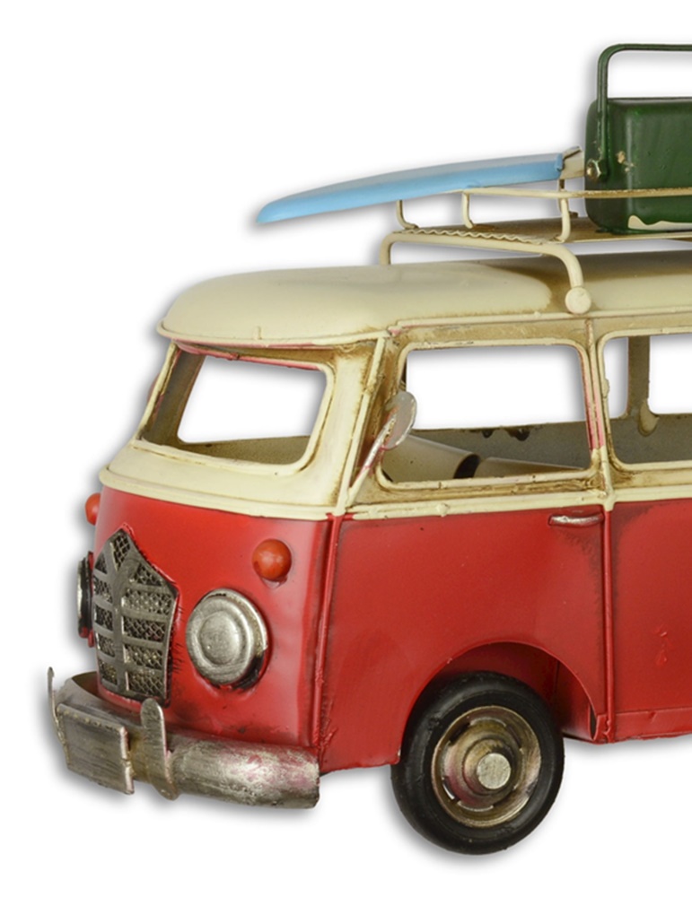 Blechauto Nostalgie Modellauto Oldtimer Bulli mit Surfboard Bus aus Blech L 29 cm