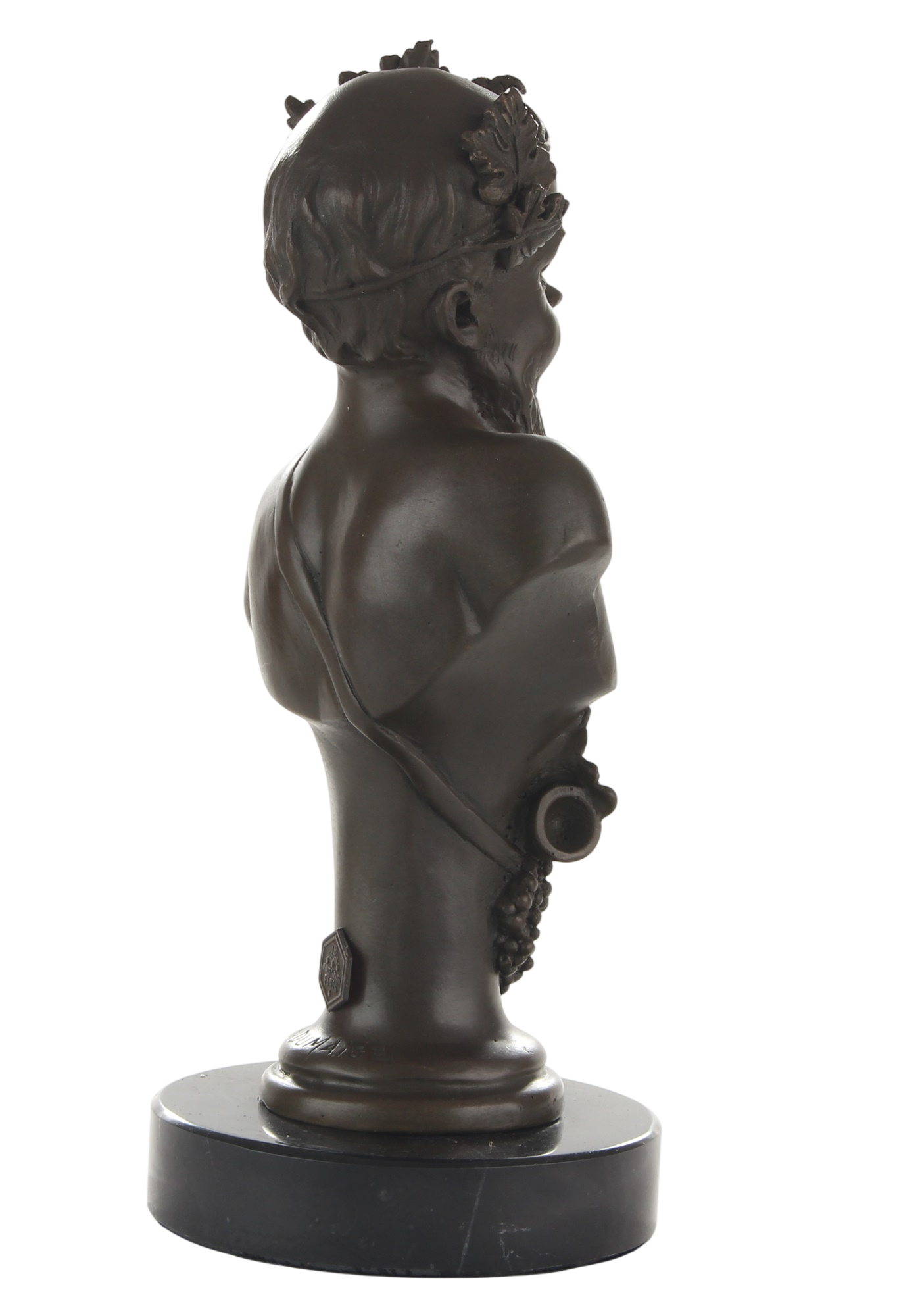 Bronzeskulptur Büste Bacchus, römischer Gott des Weines, auf Marmorsockel, Höhe 20,7 cm
