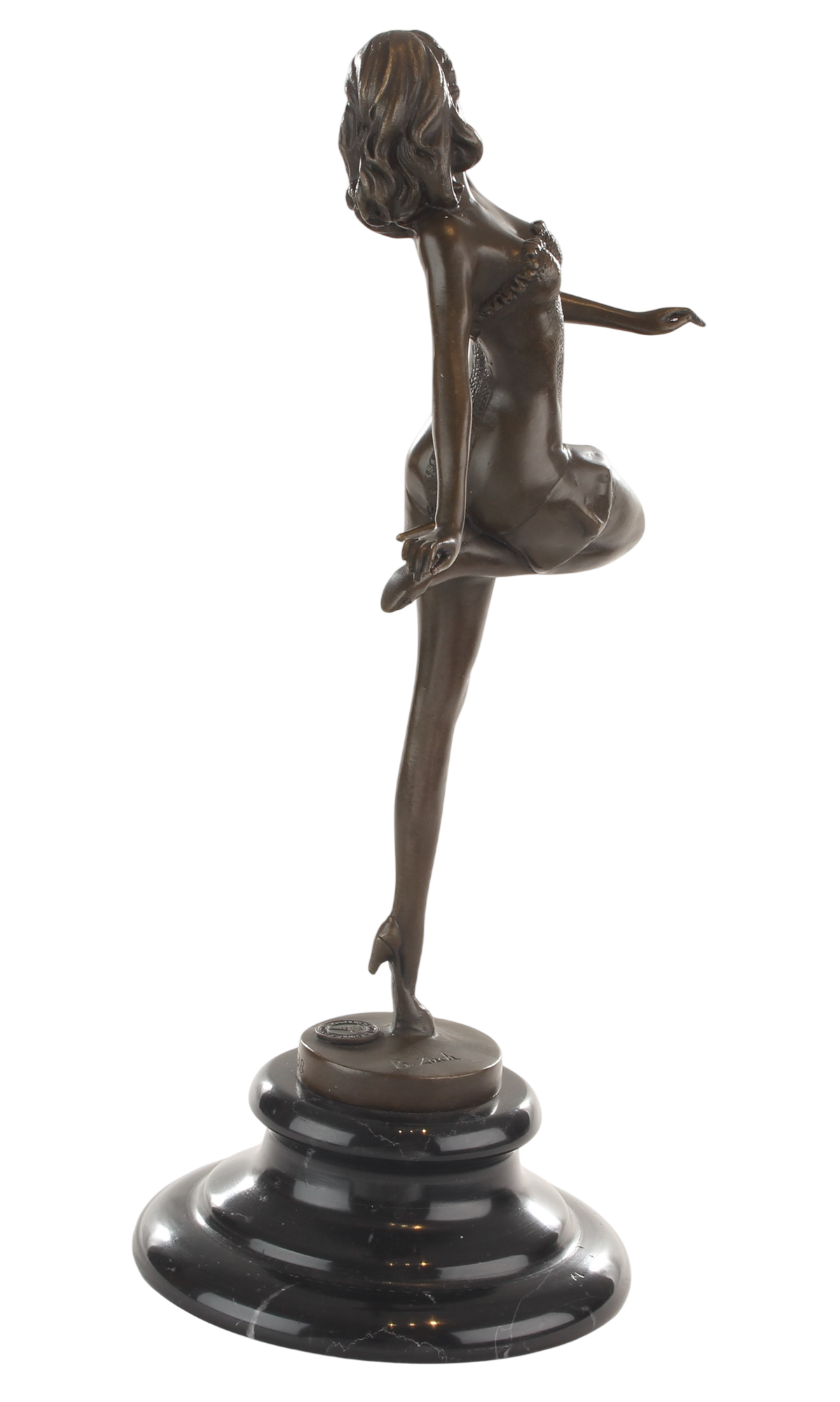 Bronzeskulptur Pin-up-Tänzerin, junge Frau im Kostüm, auf Marmorsockel, Höhe 28,8 cm