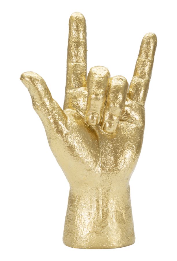 Goldenes Handzeichen aus Polyresin mit ausgestrecktem Daumen, Zeigefinger und kleinem Finger in der Gesamtansicht