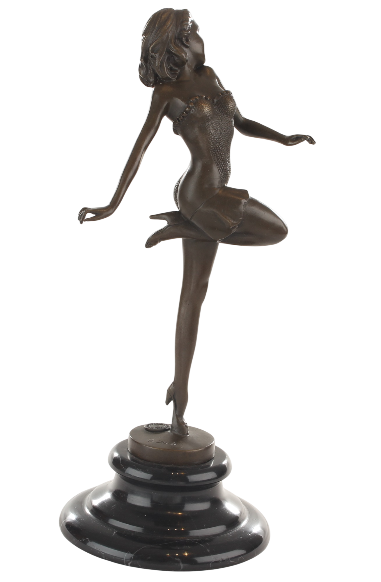 Bronzeskulptur Pin-up-Tänzerin, junge Frau im Kostüm, auf Marmorsockel, Höhe 28,8 cm