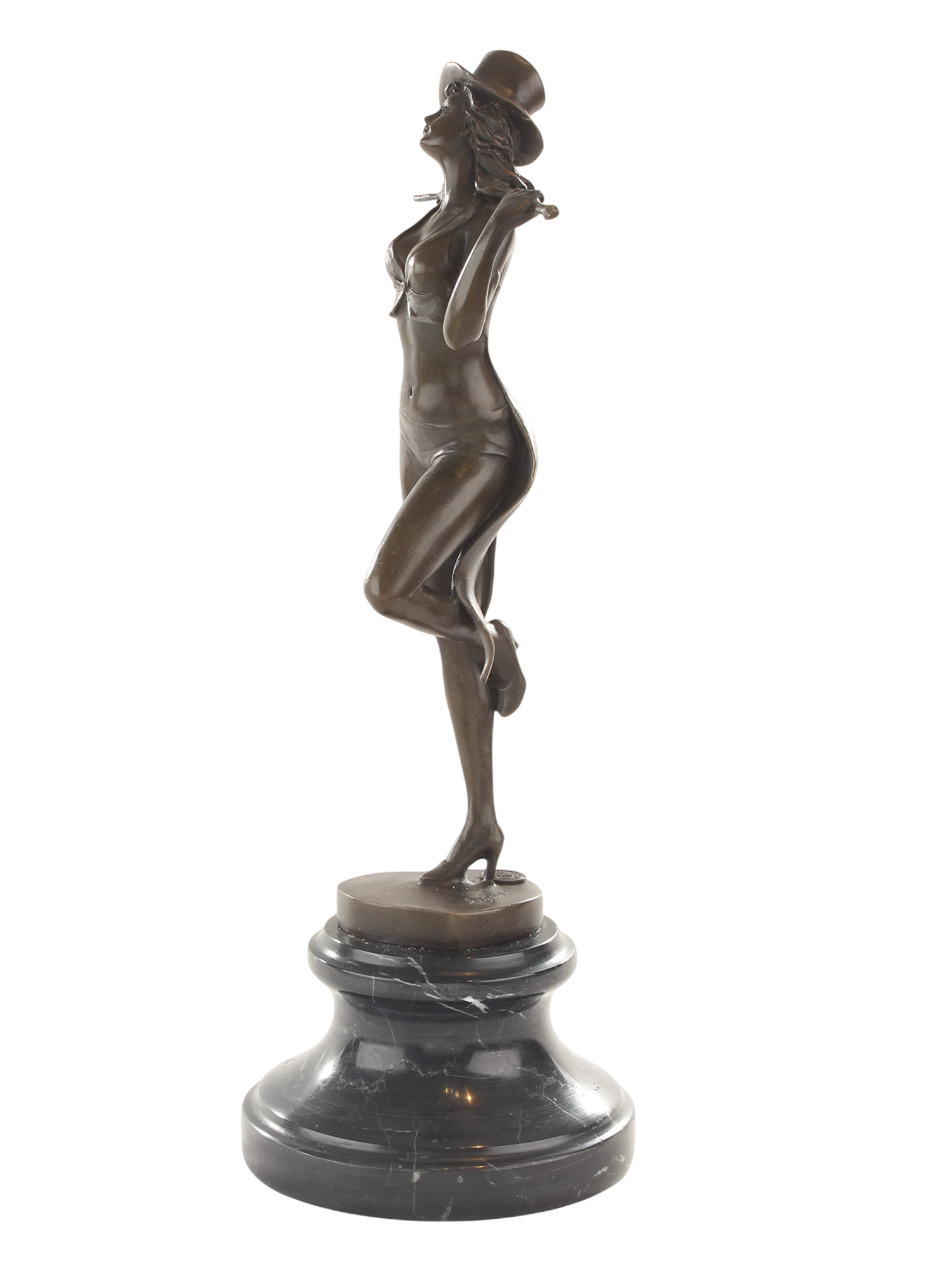 Bronzeskulptur Revue-Tänzerin mit Stock, Cabaret Paris, auf Marmorsockel, Höhe 38,2 cm