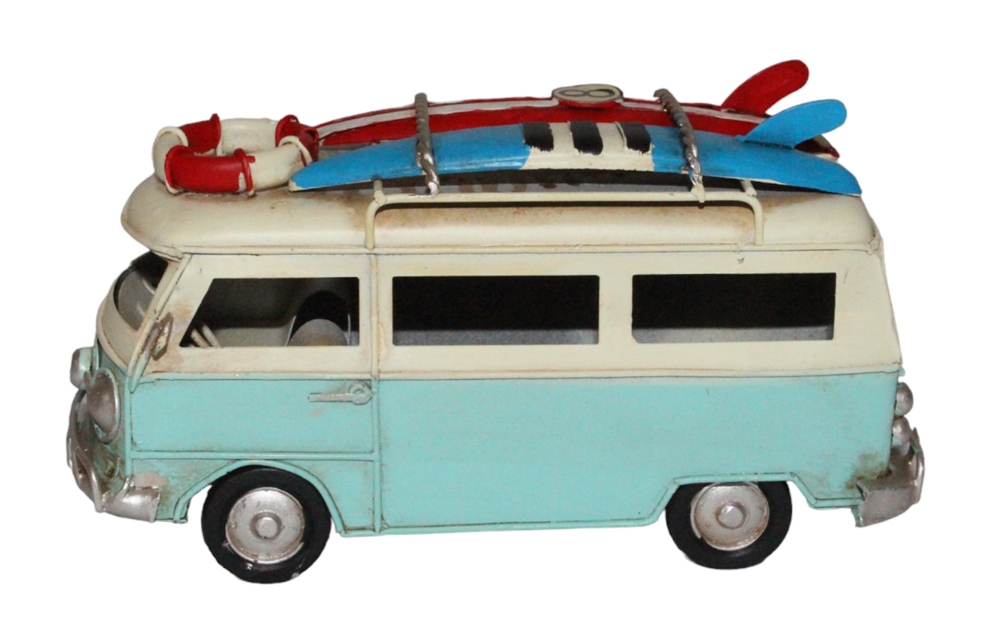 Blechauto Deko Nostalgie Modellauto Oldtimer Surfer Bulli in hellblau L 17 cm aus Blech