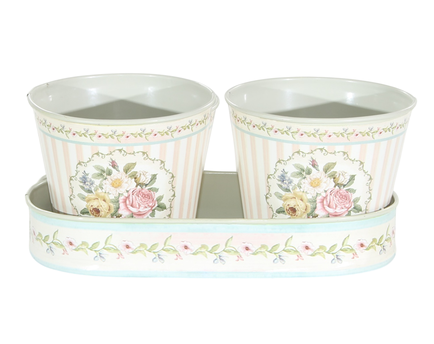 Übertöpfe 2er-Set mit Tablett Metall – Rosenmotiv Landhaus Provence Stil H 10 cm