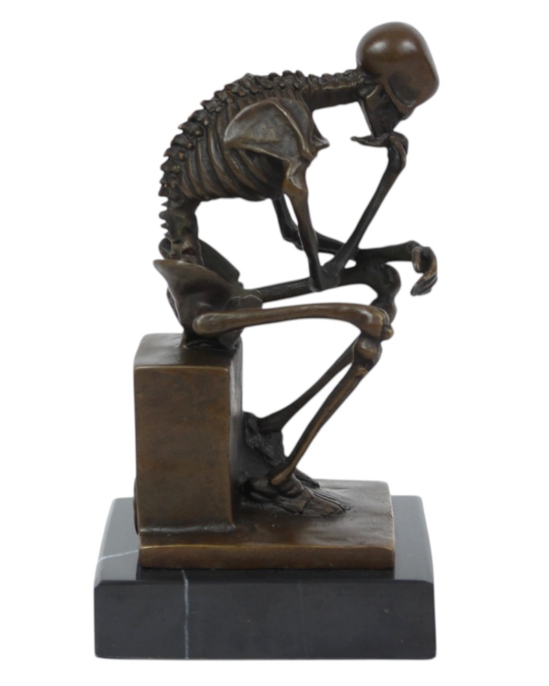 Bronzefigur Bronzeskulptur Der Denker Skelett sitzend aus Bronze auf Sockel H 14,7 cm Deko Figur