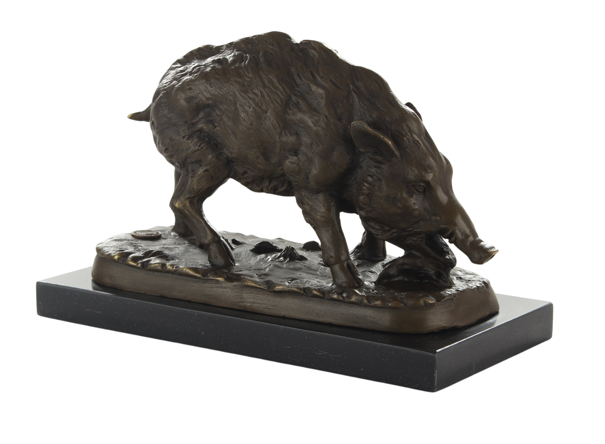 Bronzefigur Wildschwein Eber wühlend auf Marmorsockel, Höhe 14 cm Sammlerstück für Jäger