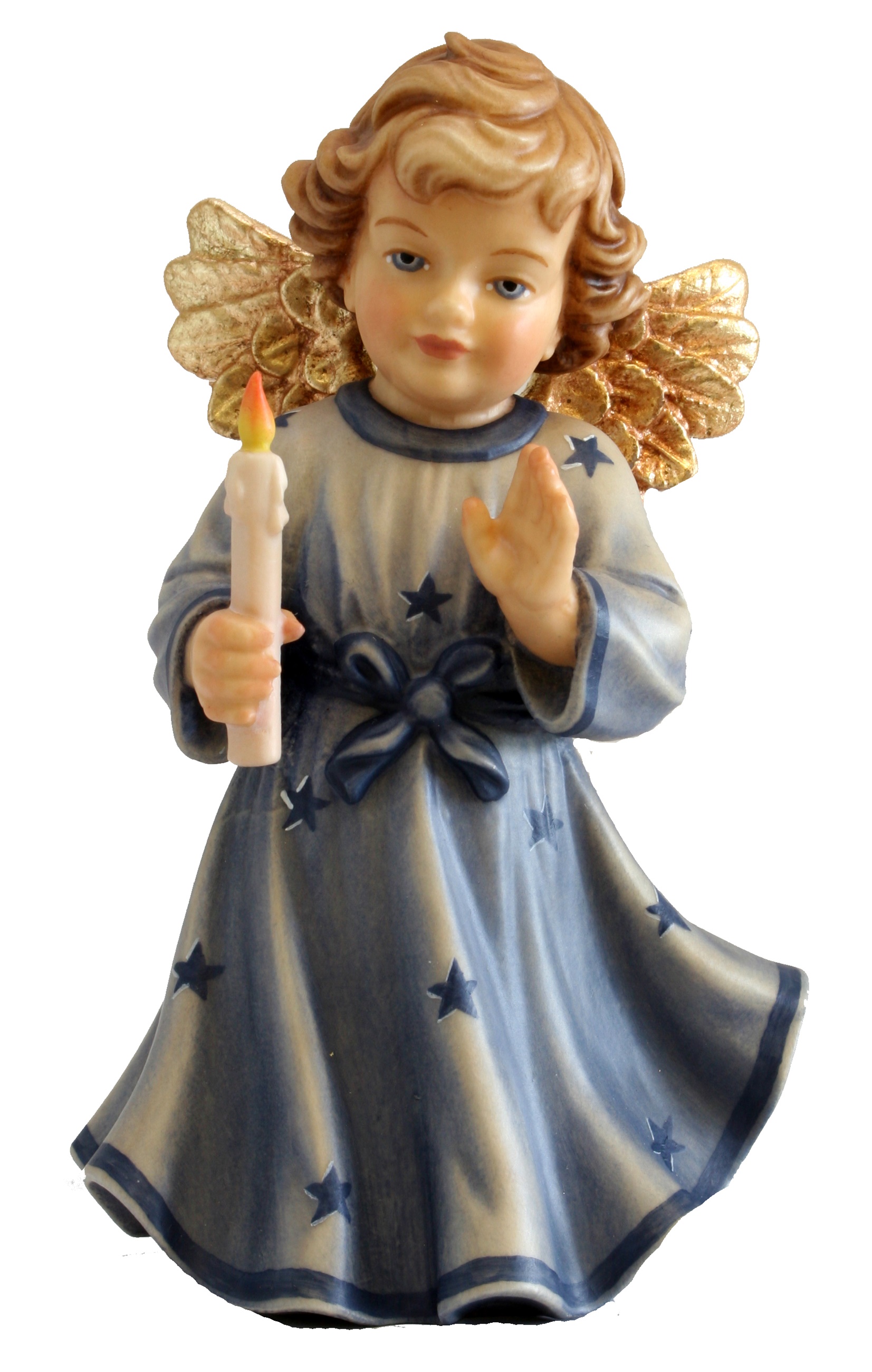 Schutzengel mit Kerze H 12 cm Engel mit blauem Kleid Holzfigur Deko Holzstatue Statue aus Ahornholz