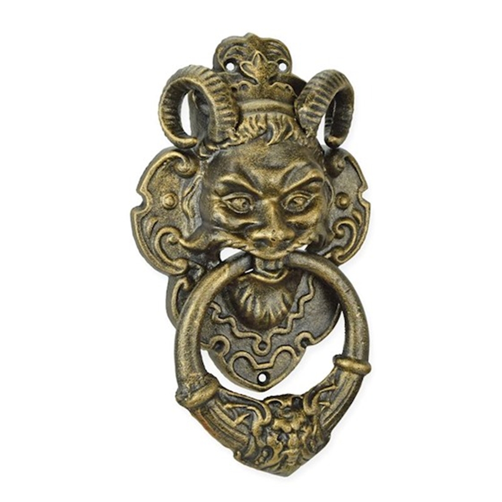 Türklopfer Teufel H 32,7 cm Teufelskopf Devil mit Hörnern aus Gusseisen Türdekoration in Bronzeoptik
