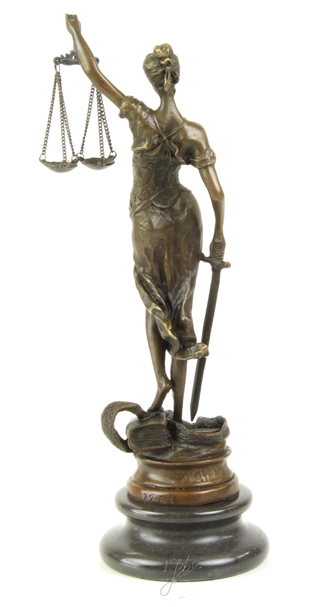 Bronzefigur Bronzeskulptur Bronze Justitia auf Steinsockel H 23,5 cm Göttin der Gerechtigkeit Figur
