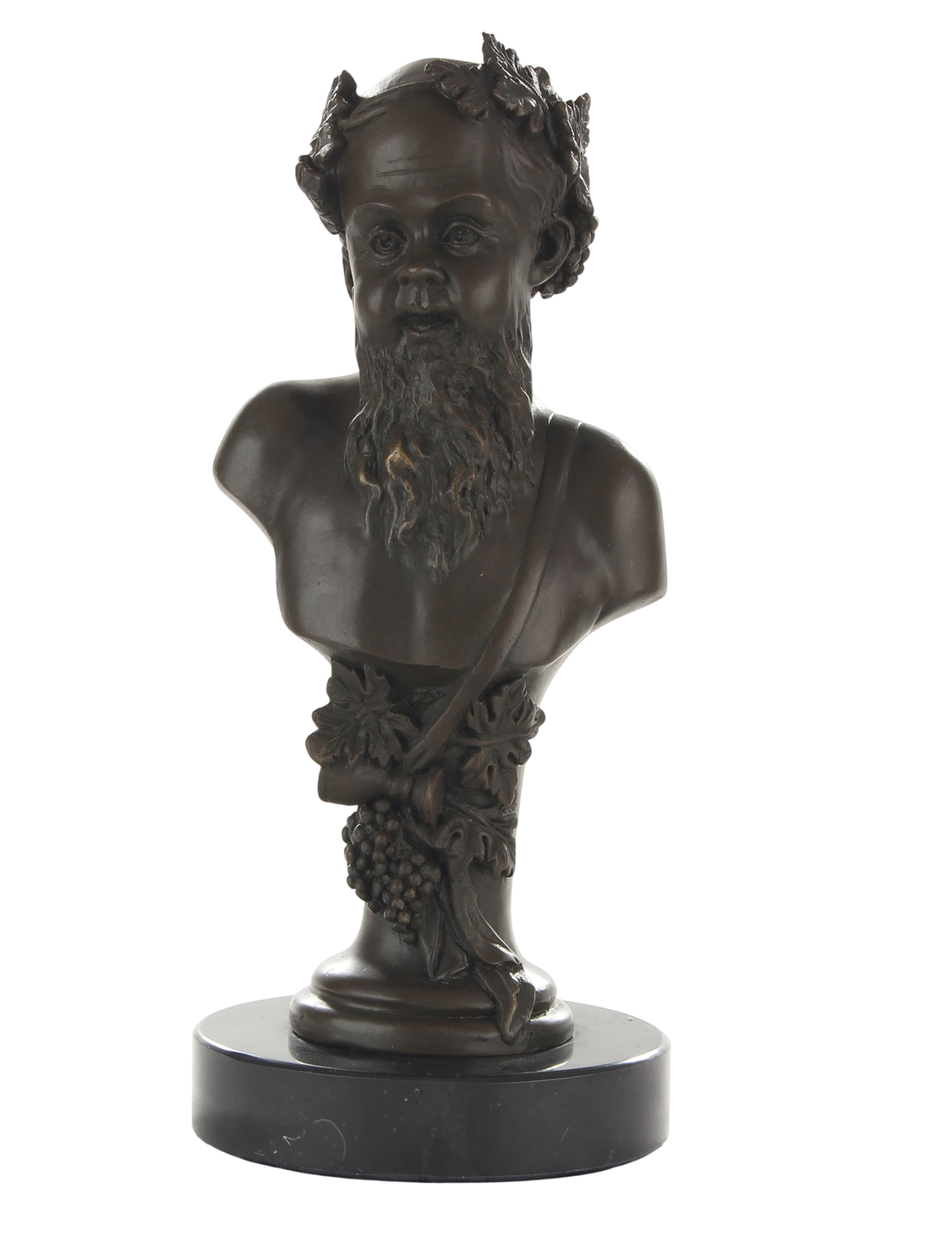 Bronzeskulptur Büste Bacchus, römischer Gott des Weines, auf Marmorsockel, Höhe 20,7 cm