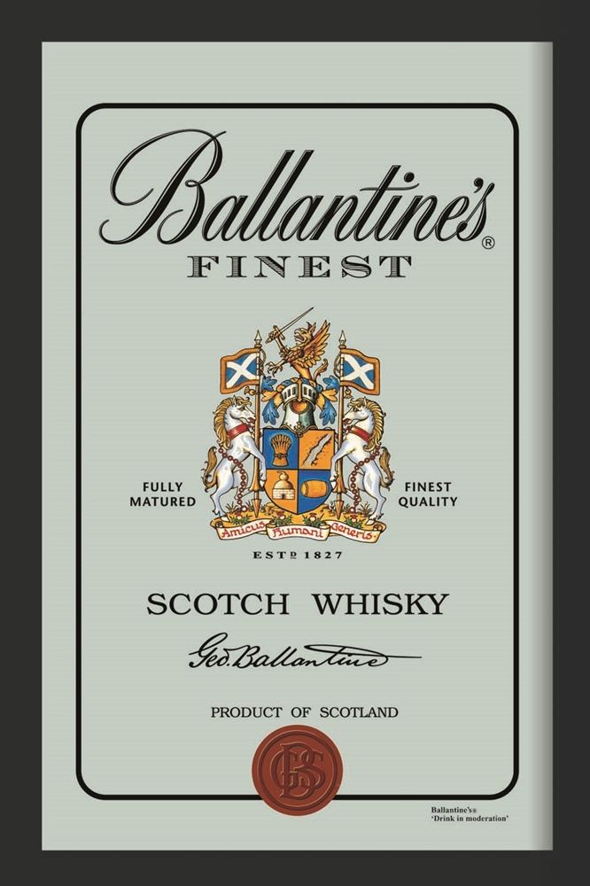 Set: 2 Spiegelbilder Ballantines Whisky Flasche Emblem 30x20 cm Hinterglasdruck mit schwarzen Rahmen