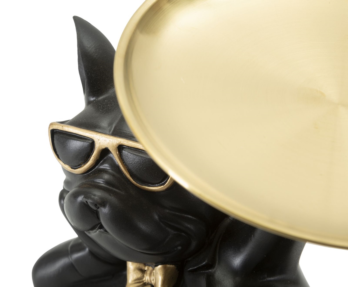 Dekofigur Hund Rover Cool schwarz klein liegend Tierfigur mit goldenem Tablett Brille H 18,5 cm