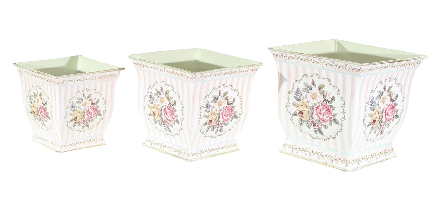 Übertöpfe 3er-Set Metall – Rosenmotiv Landhaus Provence Stil Metalltöpfe H 12–15 cm