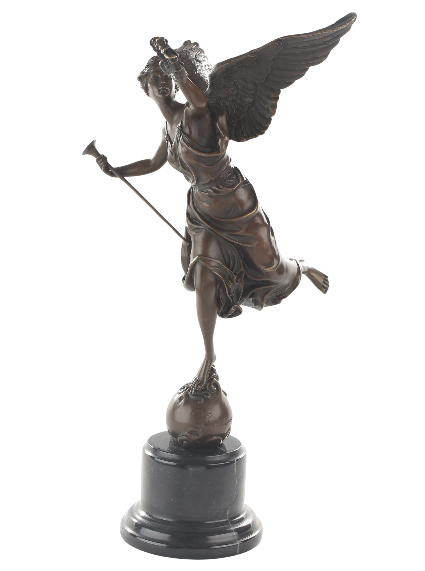 Bronzeskulptur Siegesgöttin Nike (Victoria) auf Weltkugel mit Marmorsockel, Höhe 40,2 cm