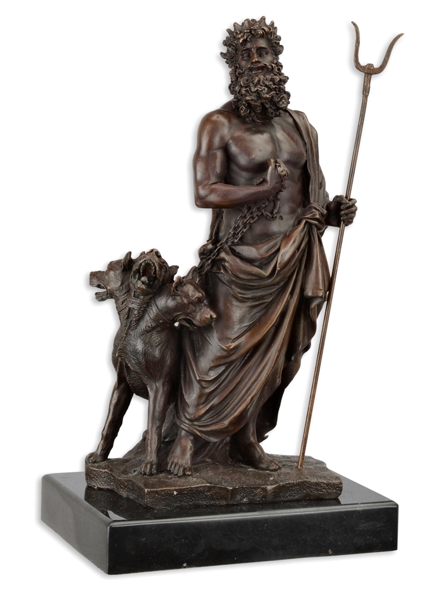 Bronzefigur Bronzeskulptur Bronze Hades mit Kerberos auf Marmorsockel H 29 cm griechische Mythologie