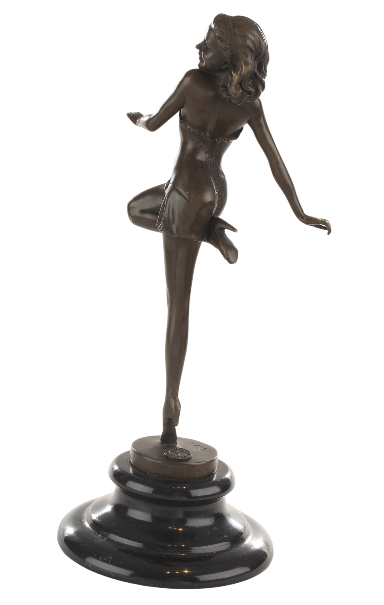 Bronzeskulptur Pin-up-Tänzerin, junge Frau im Kostüm, auf Marmorsockel, Höhe 28,8 cm