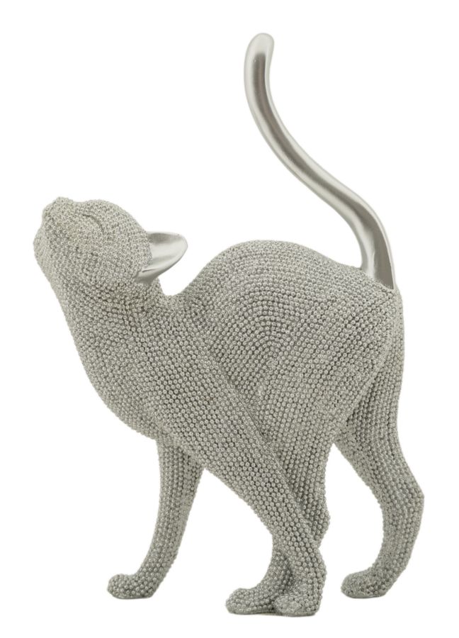 Silberne Katze im Katzenbuckel, überzogen von funkelnder Perlenstruktur – elegante Dekofigur von Mauro Ferretti aus Polyresin, H 26 cm. Jetzt ansehen!
