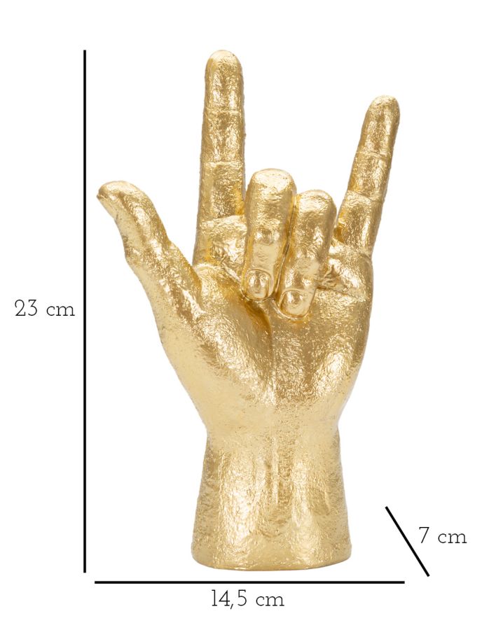Goldenes Handzeichen mit Maßangaben 23 × 14,5 × 7 cm