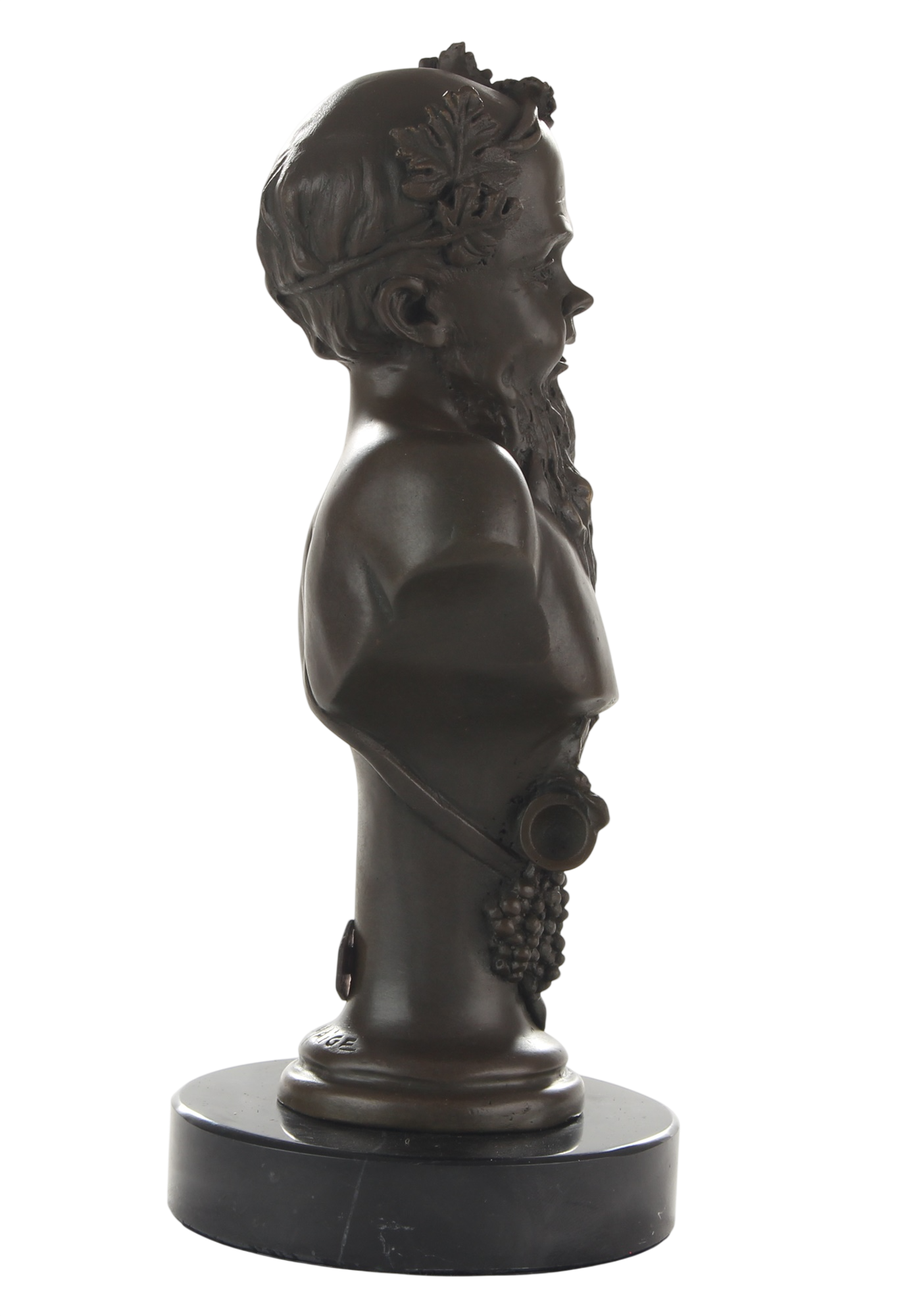 Bronzeskulptur Büste Bacchus, römischer Gott des Weines, auf Marmorsockel, Höhe 20,7 cm