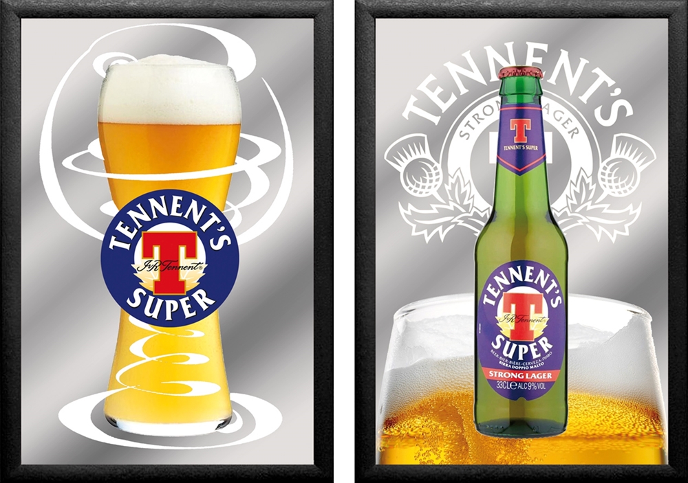 Set: 2 Spiegelbilder Tennent's Bier 30x20 cm Bar Deko Dekobilder Wandbilder Hinterglasdruck