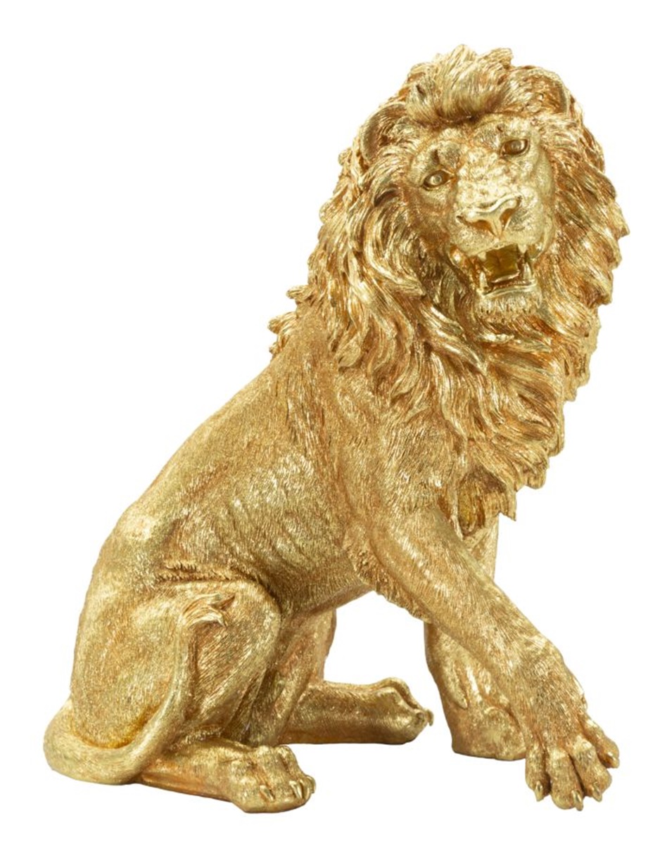 Dekofigur Löwe seitlich sitzend Tierfigur  Skulptur stolzer Löwenkönig Shanti in edlem Gold H 55 cm