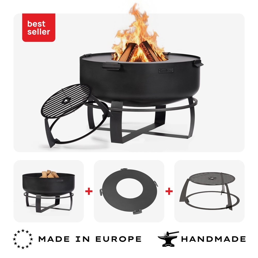 Feuerschale XXL 80 cm SET VIKING mit Grillplatte 78 cm (4 Griffe) & hohem Grillrost – Feuerstelle Garten