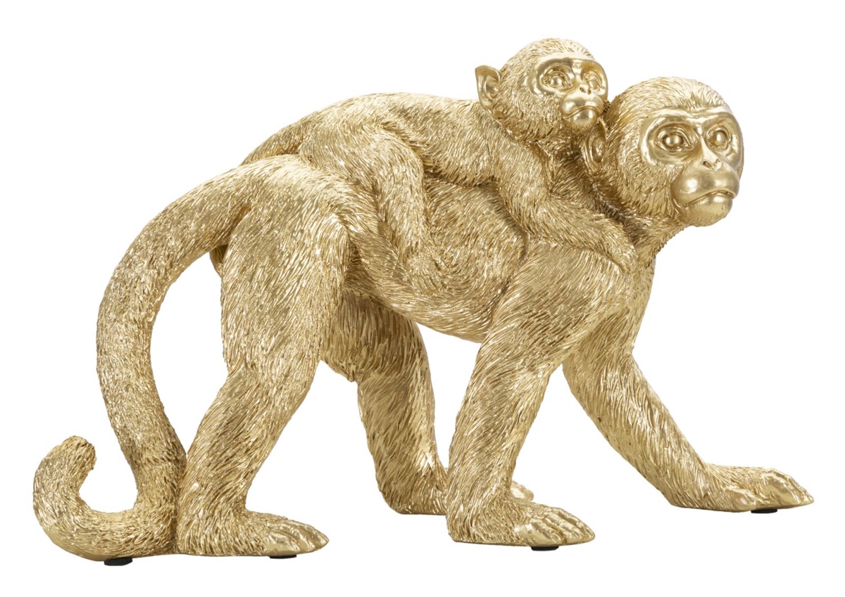 Dekofigur Mutter Affe laufend mit Baby auf Rücken Tierfigur in Gold Fell fein strukturiert H 18,5 cm