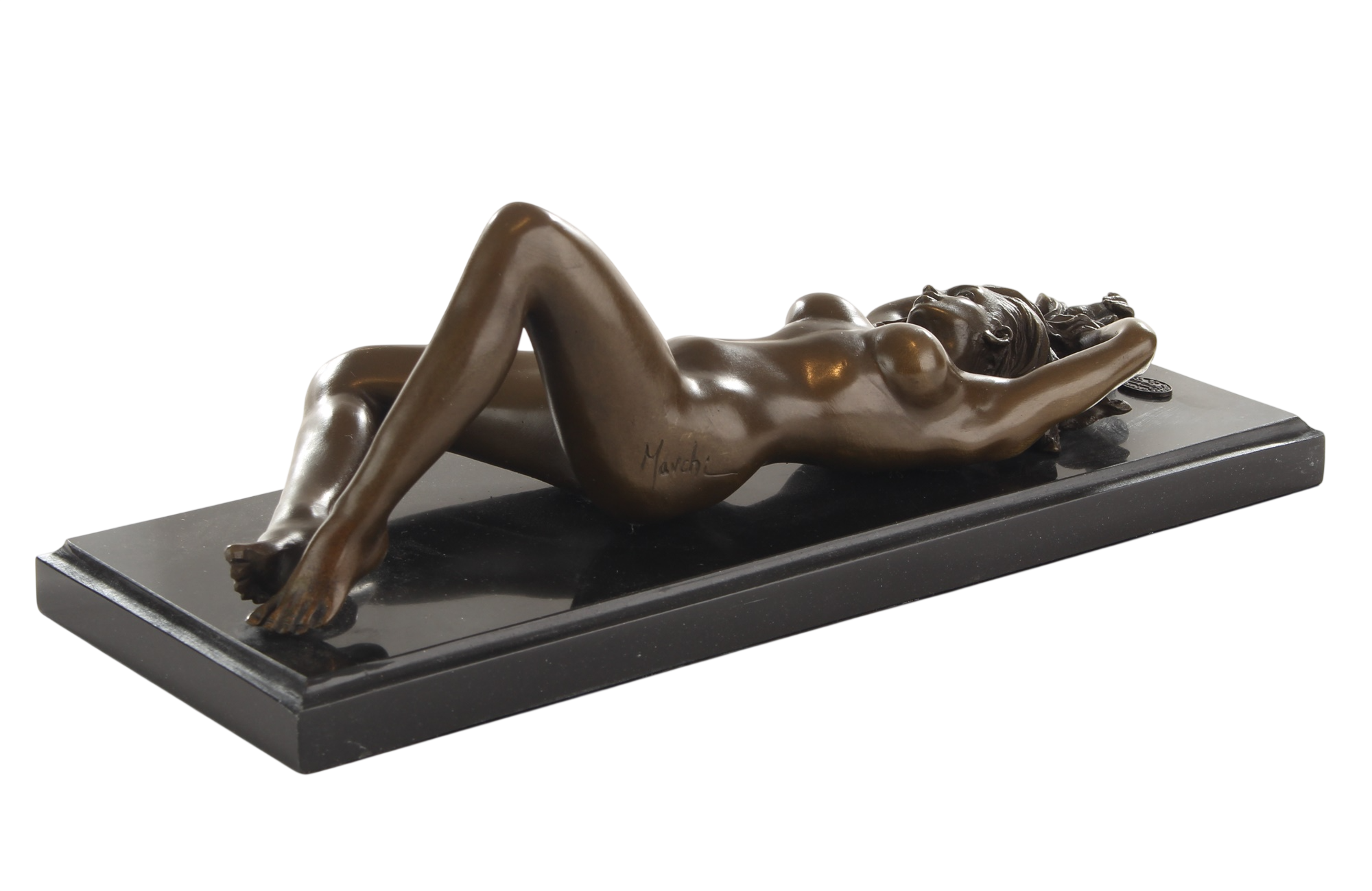 Bronzeskulptur junge Frau liegend – Frauenakt auf schwarzem Marmorsockel, Länge 29,3 cm