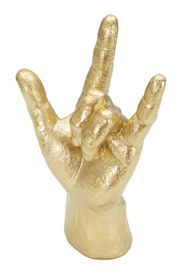 Goldenes Yeah-Handzeichen aus Polyresin in schräger Dreiviertelansicht