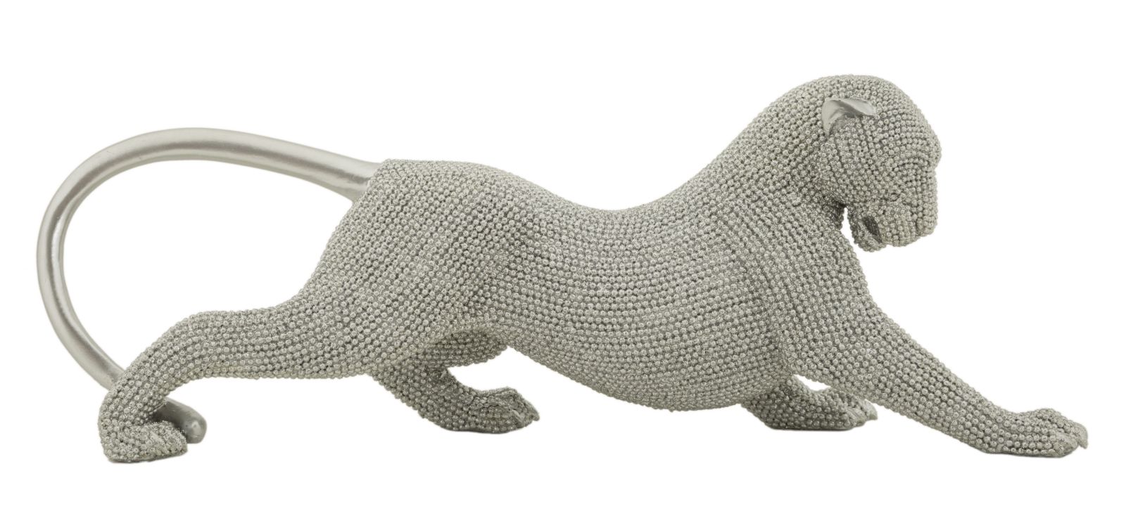 Panther Silber in Pirschhaltung – langgestreckte Dekofigur mit funkelnder Perlenstruktur aus Polyresin L 32 cm