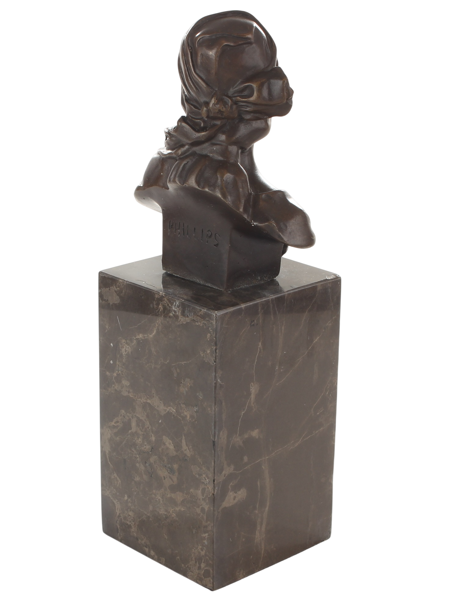 Bronzeskulptur klassische Büste anmutende junge Frau auf Marmorsockel, Höhe 22,8 cm