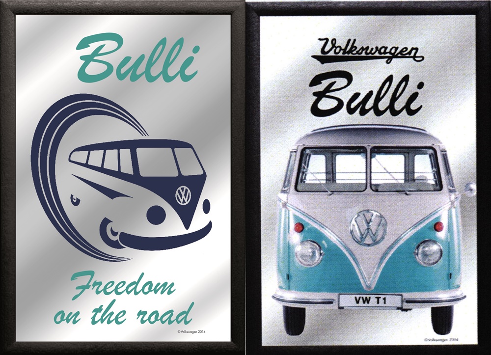 Set: 2 Spiegelbilder VW Bulli blau Oldtimer 30x20 cm Wandbilder Hinterglasdruck mit Rahmen
