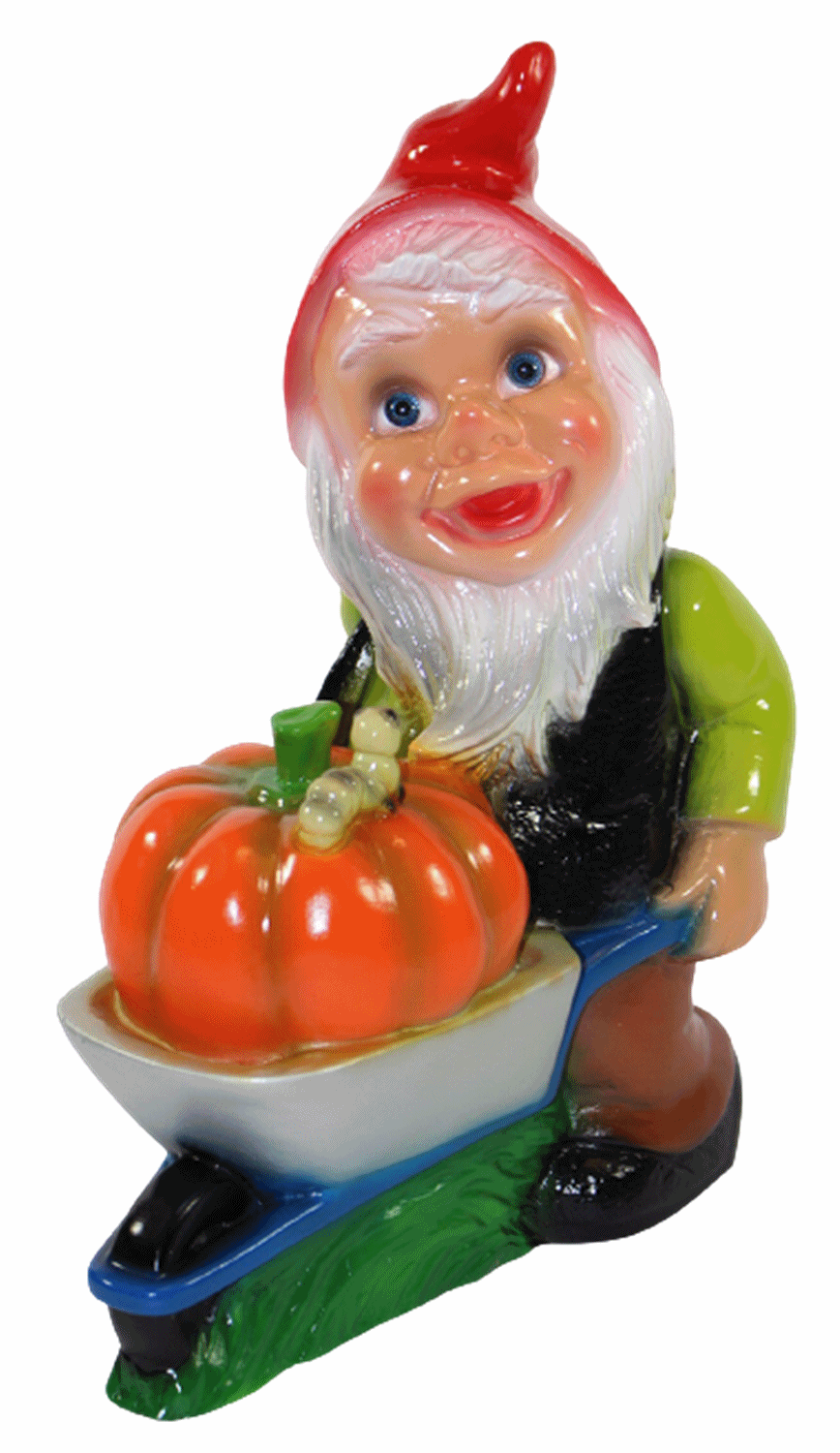 Gartenzwerg Deko Garten Figur Zwerg Gärtner stehend mit Schubkarre und Kürbis aus Kunststoff H 35 cm