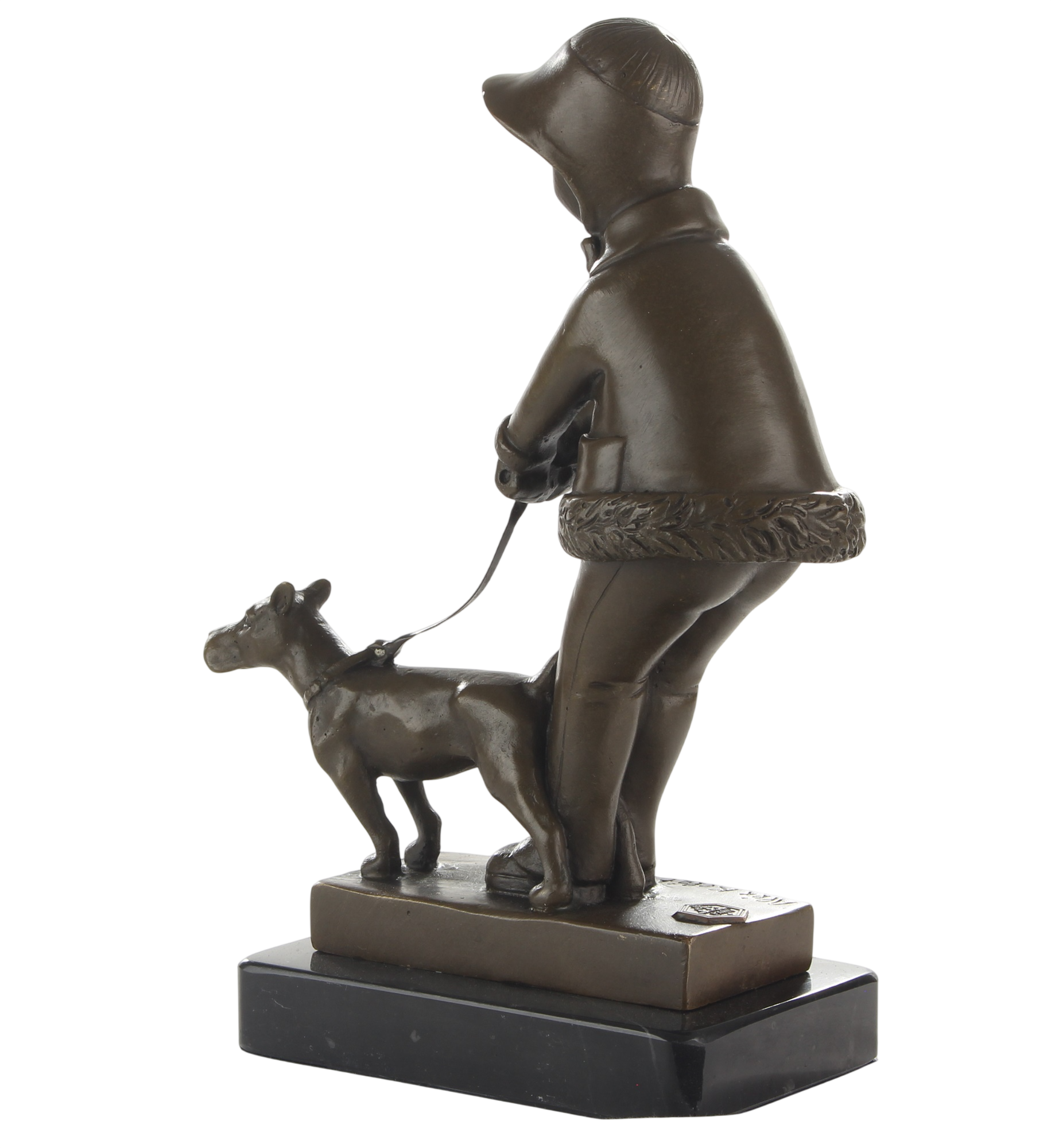 Bronzeskulptur junges Mädchen mit Hund an der Leine auf Marmorsockel, Höhe 21,3 cm