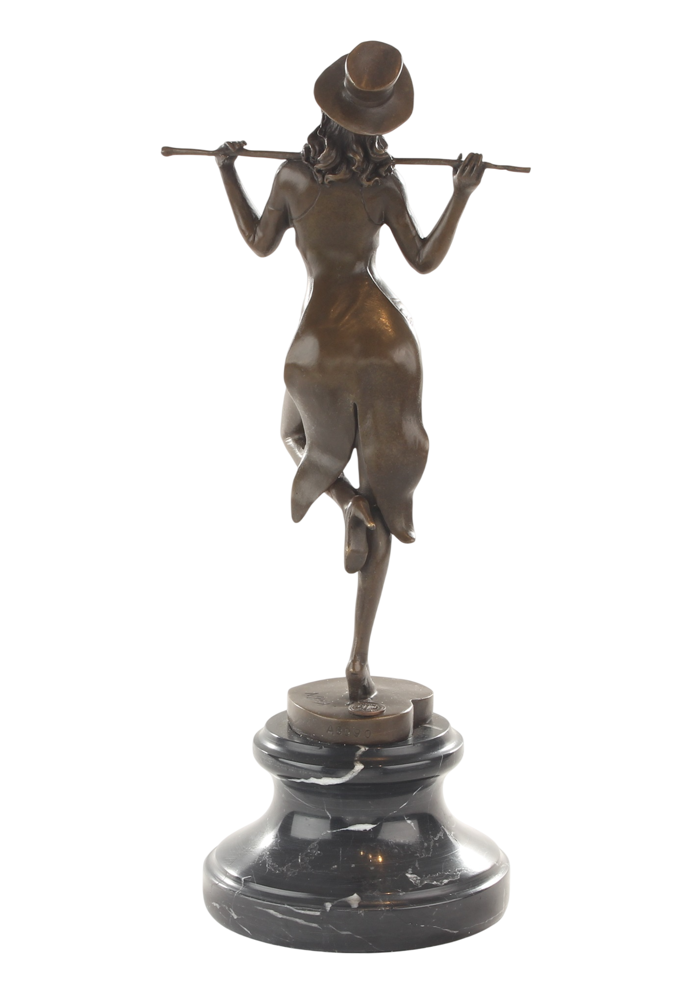 Bronzeskulptur Revue-Tänzerin mit Stock, Cabaret Paris, auf Marmorsockel, Höhe 38,2 cm
