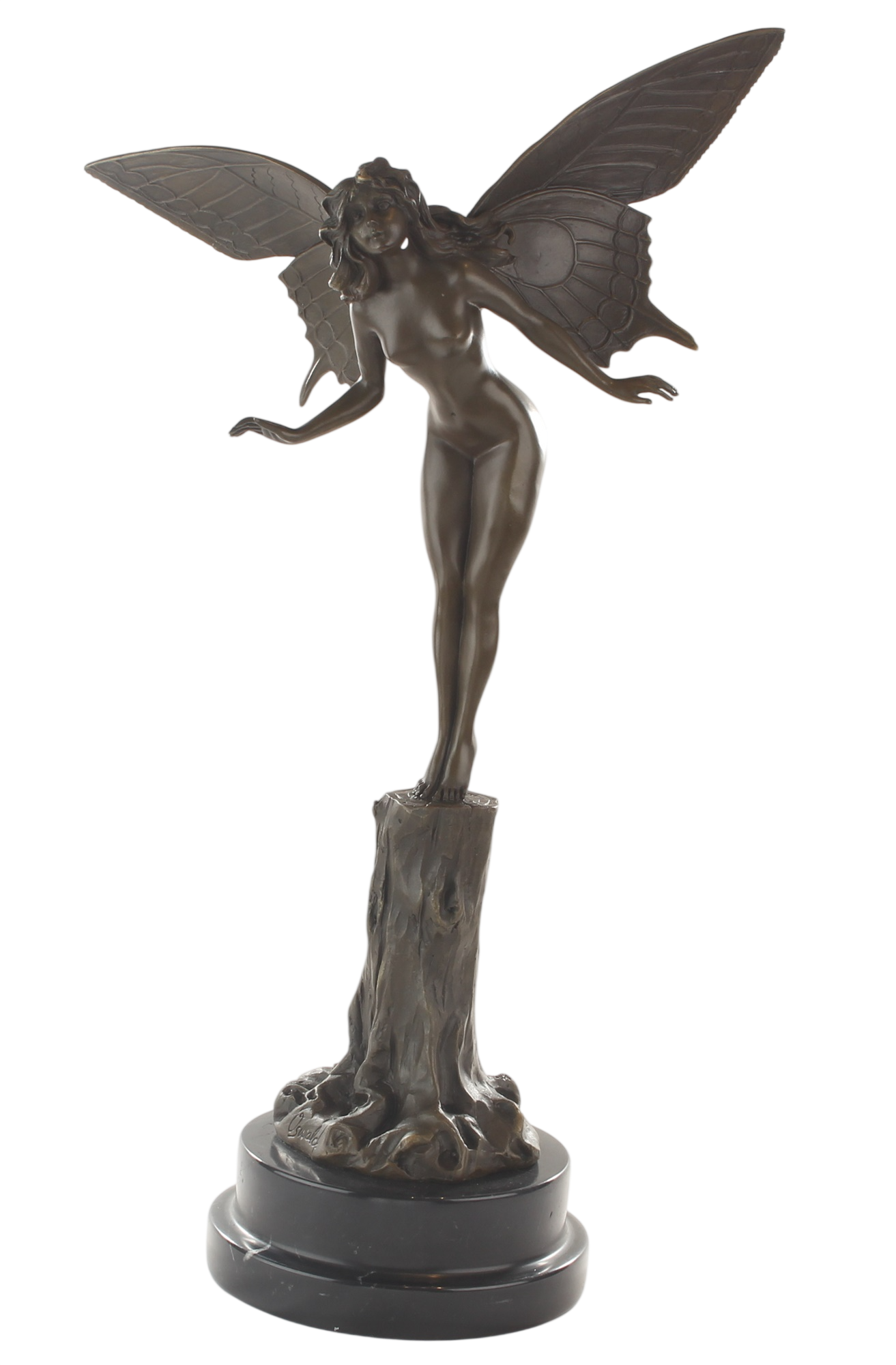 Bronzeskulptur Fee mit Schmetterlings-Flügeln Elfe auf Marmorsockel, Höhe 49,4 cm