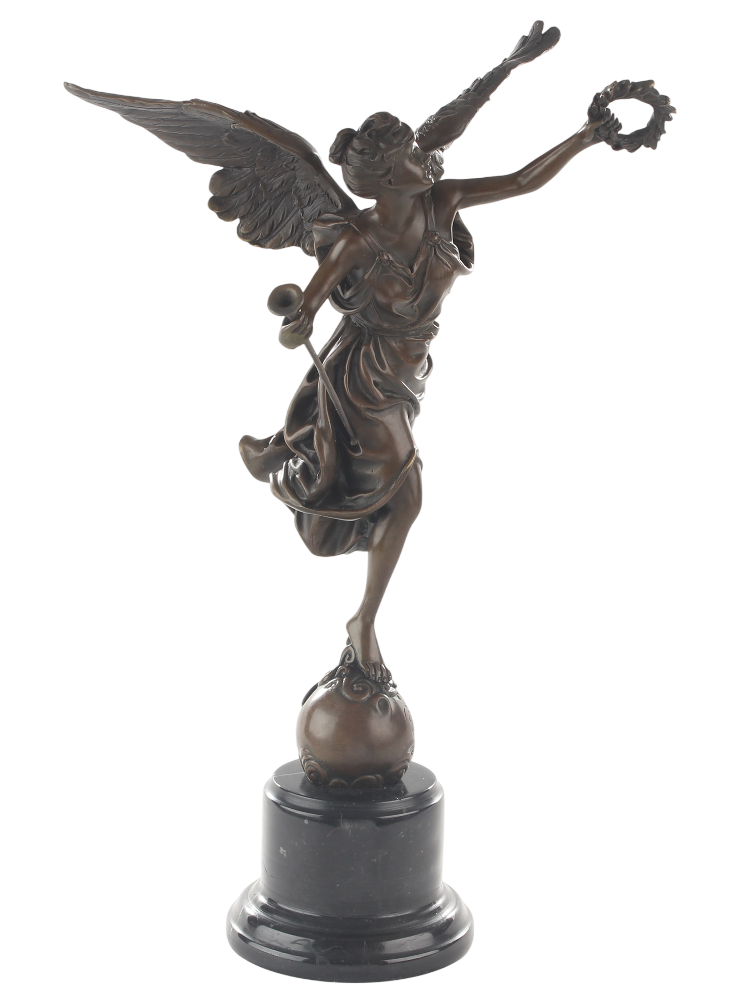 Bronzeskulptur Siegesgöttin Nike (Victoria) auf Weltkugel mit Marmorsockel, Höhe 40,2 cm