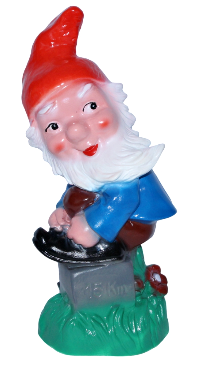 Gartenzwerg stehend auf Kilometer-Stein Figur Zwerg H 27 cm Gartenfigur aus Kunststoff