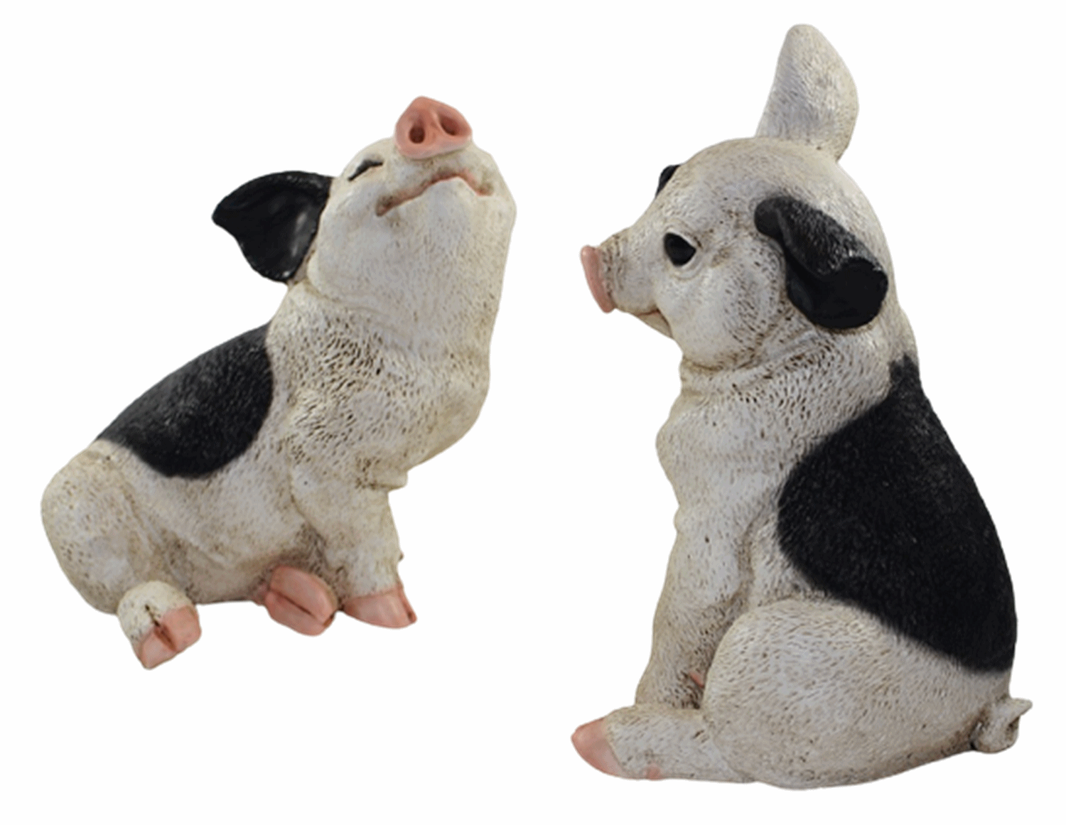Deko Figur Schwein 2 Ferkel sitzend nach oben u. unten schauend als Satz aus Resin Höhe 19-22 cm