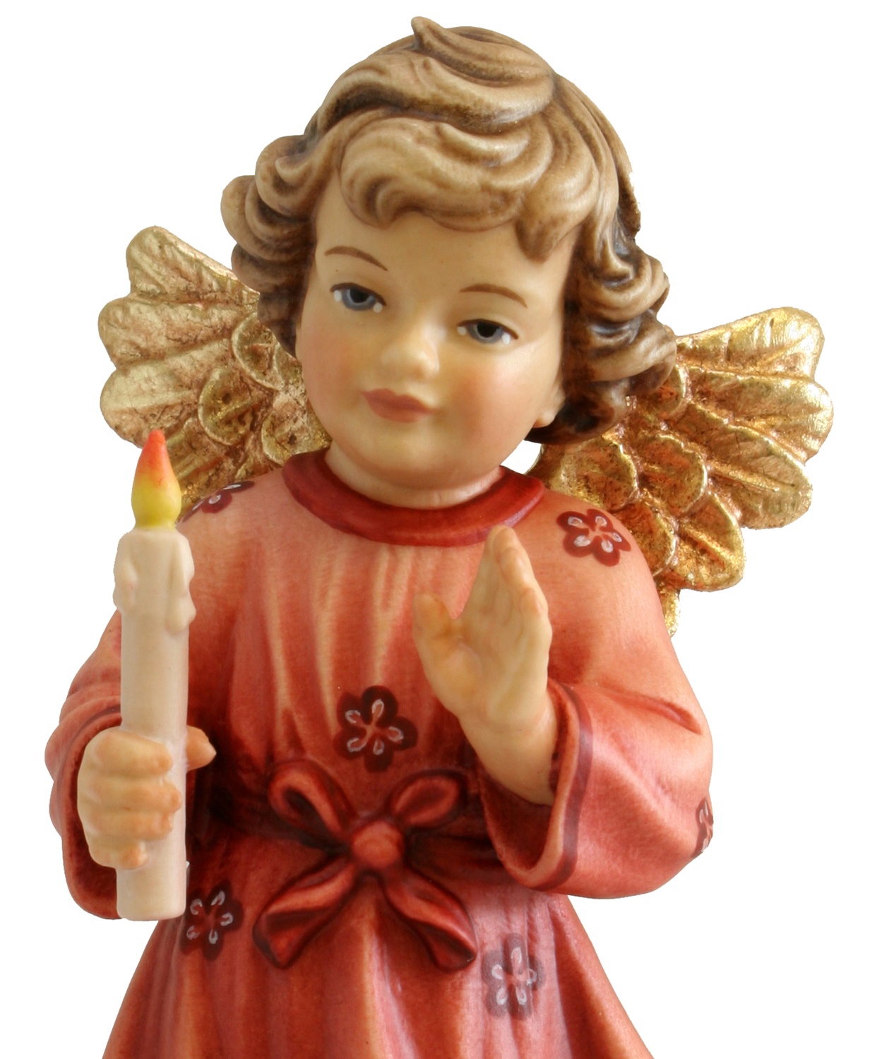 Schutzengel mit Kerze H 12 cm Engel mit rotem Kleid Holzfigur Deko Holzstatue Statue aus Ahornholz