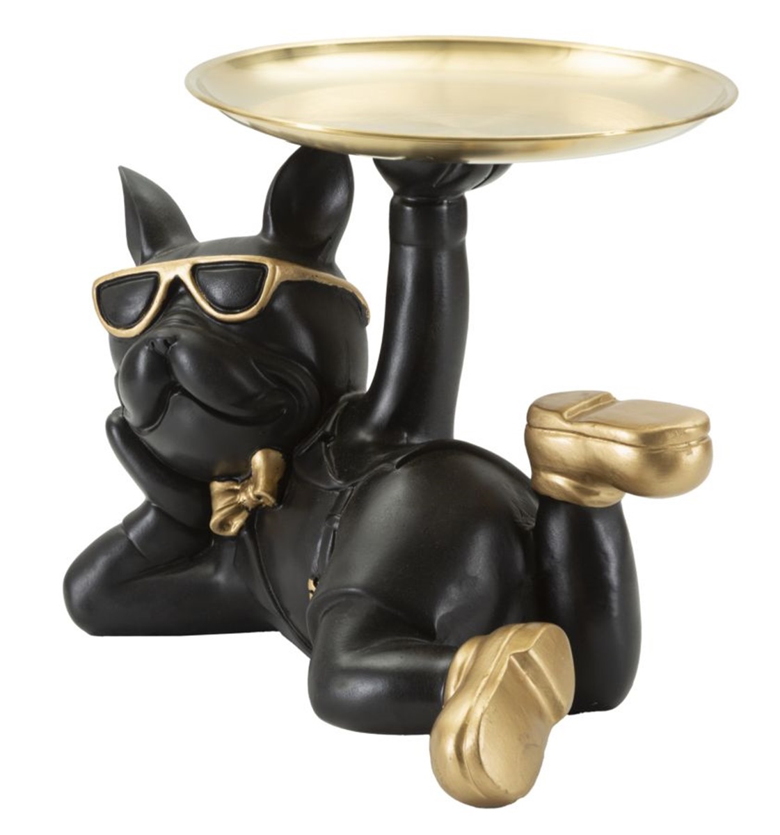 Dekofigur Hund Rover Cool schwarz klein liegend Tierfigur mit goldenem Tablett Brille H 18,5 cm