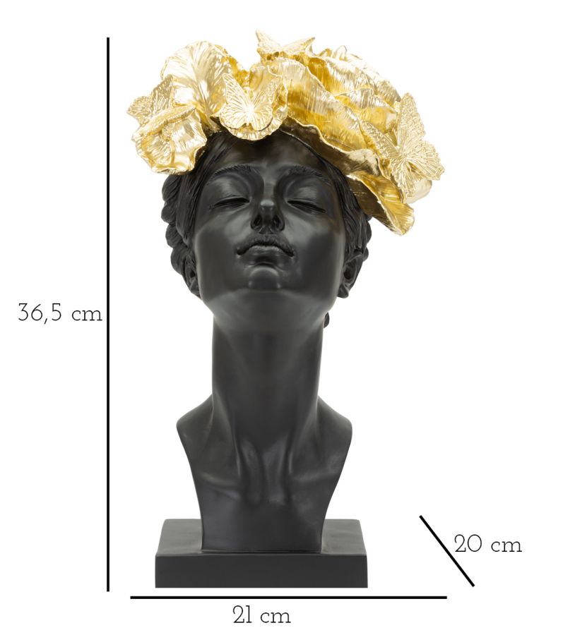 Büste Frau mit Schmetterlingen Schwarz-Gold – Dekofigur aus Polyresin für Wohnraum und Wintergarten H 36,5 cm