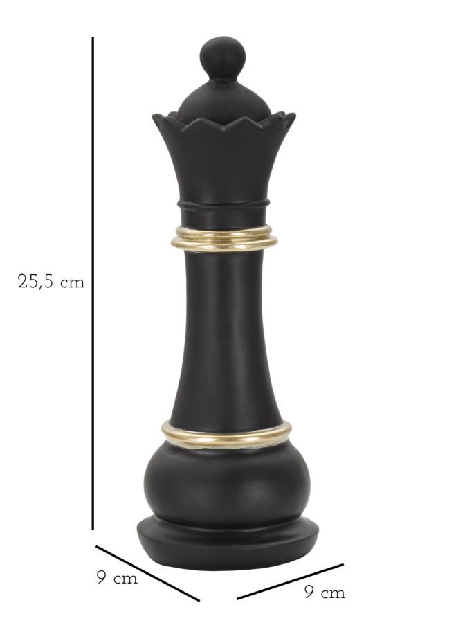 Maße der schwarzen Schachfigur Dame: 25,5 cm hoch sowie 9 cm breit und 9 cm tief