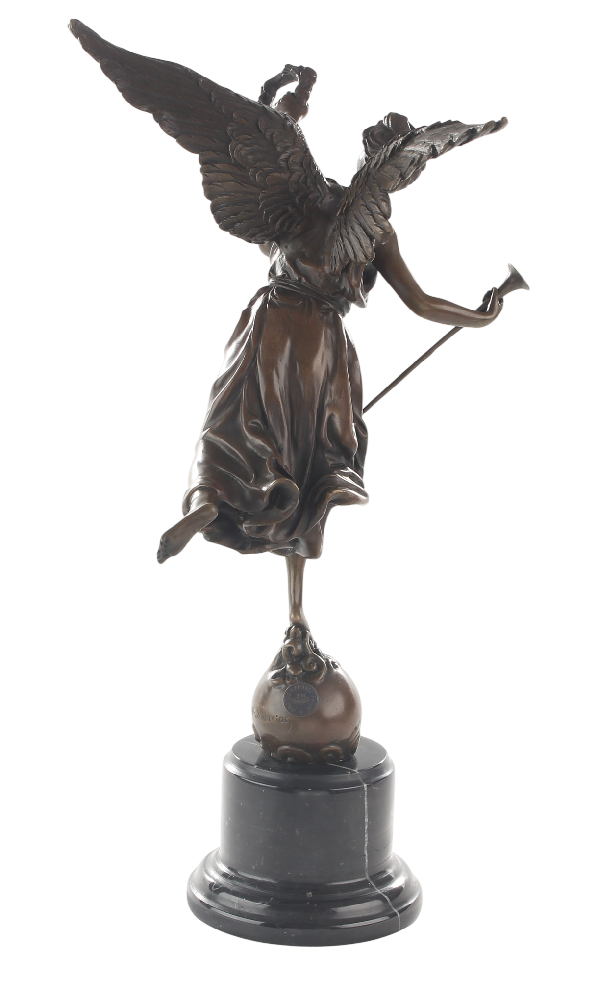 Bronzeskulptur Siegesgöttin Nike (Victoria) auf Weltkugel mit Marmorsockel, Höhe 40,2 cm