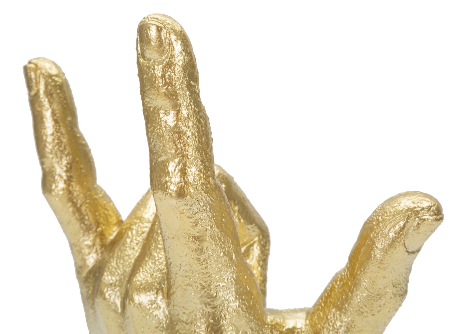 Seitliche Detailansicht der ausgestreckten Finger und der strukturierten goldfarbenen Oberfläche