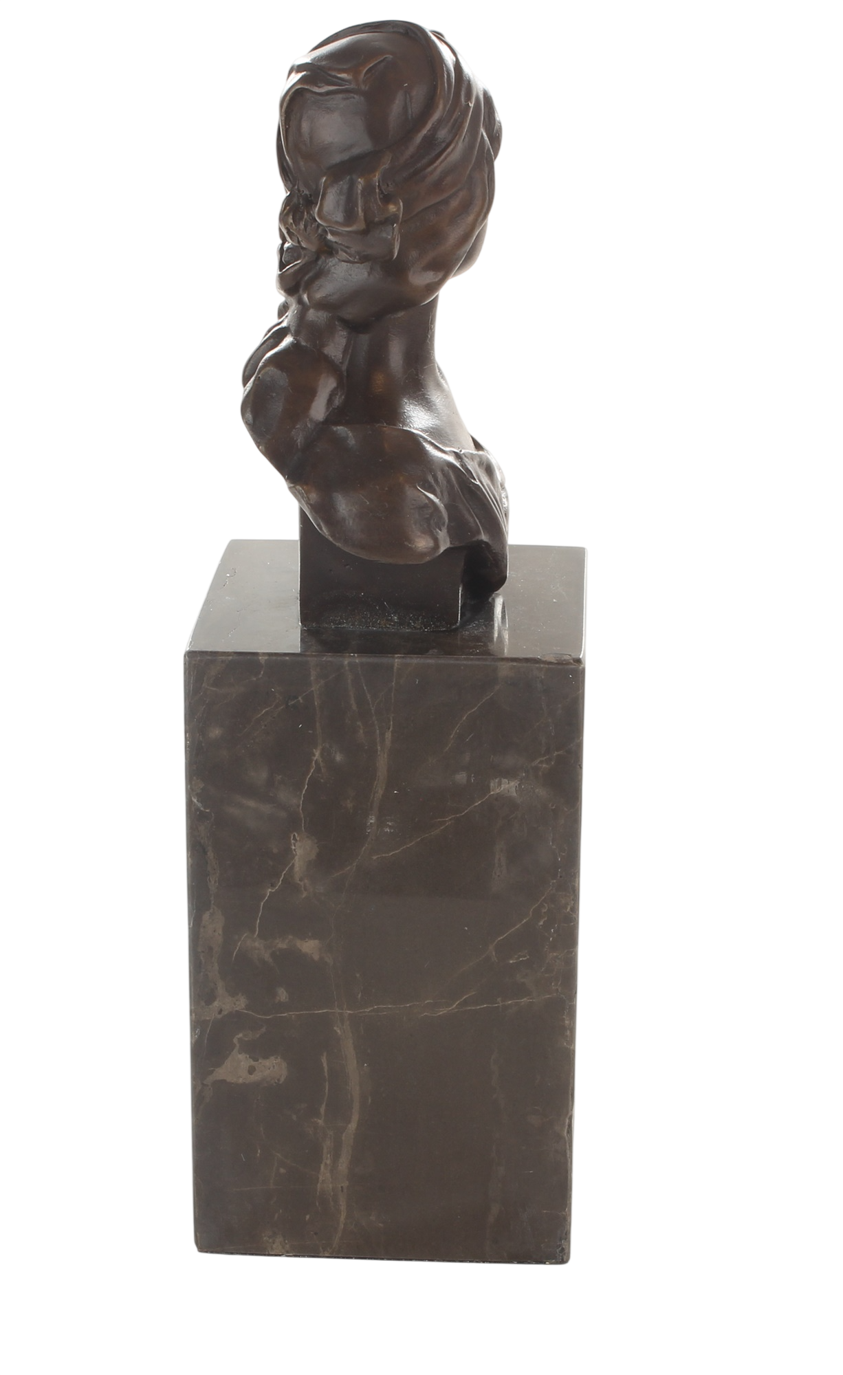 Bronzeskulptur klassische Büste anmutende junge Frau auf Marmorsockel, Höhe 22,8 cm