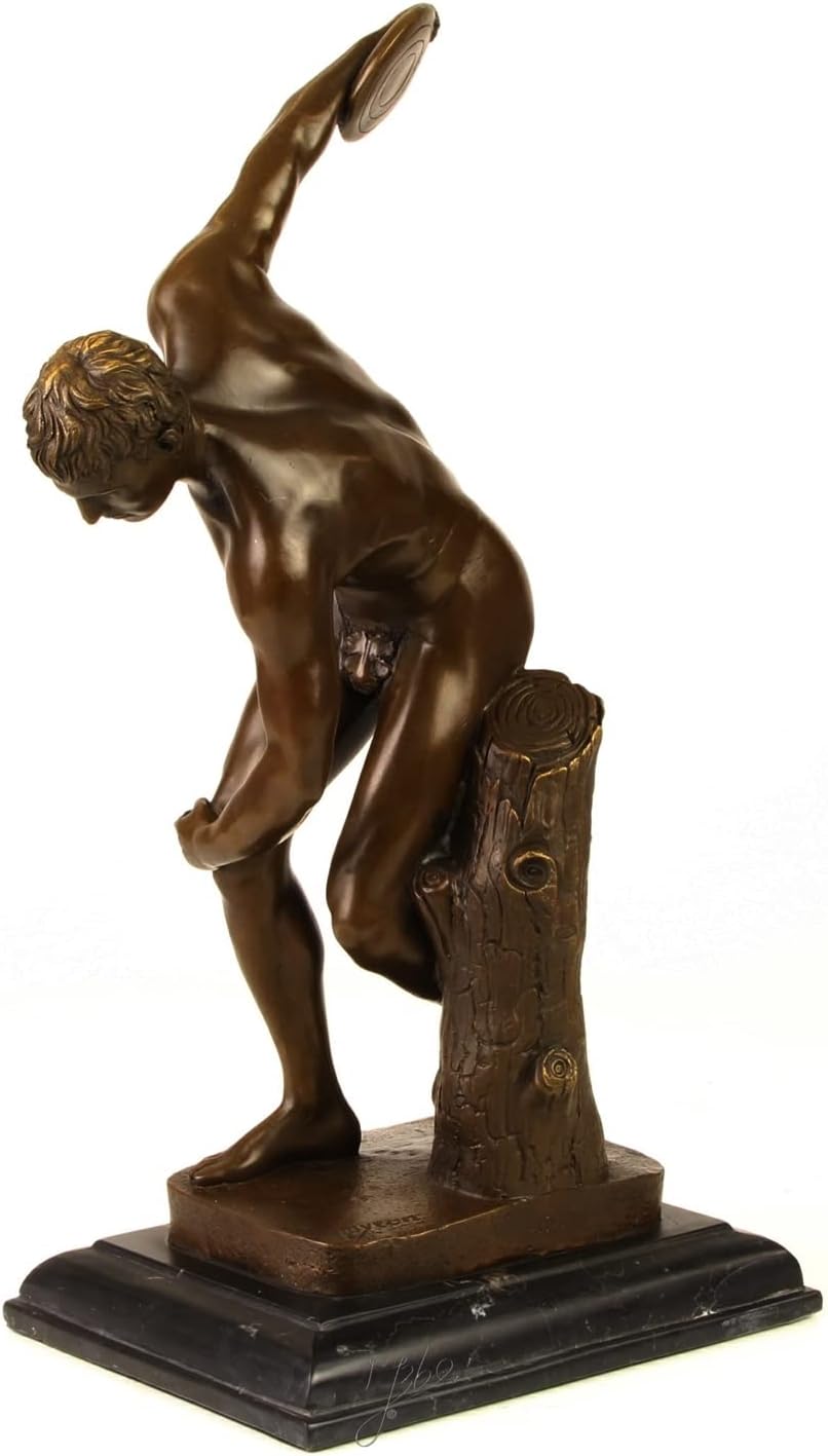 Bronzefigur Bronzeskulptur Bronze Diskobolos auf Marmorsockel H 38 cm griechische Statue