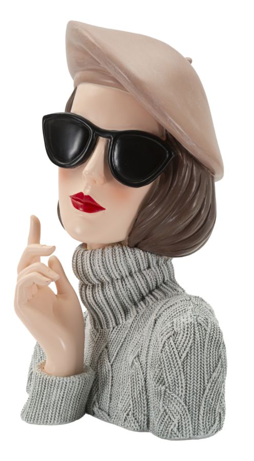 Dame Paris mit Baskenmütze und Sonnenbrille – elegante Dekobüste aus Polyresin für Wohnraum und Flur H 26 cm